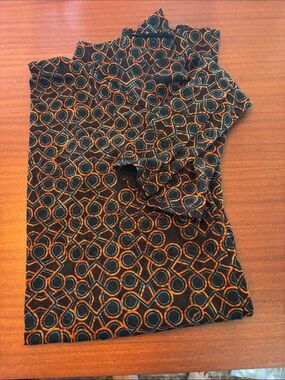 LuLaRoe Black Top with Orange & Teal Geometric Design
